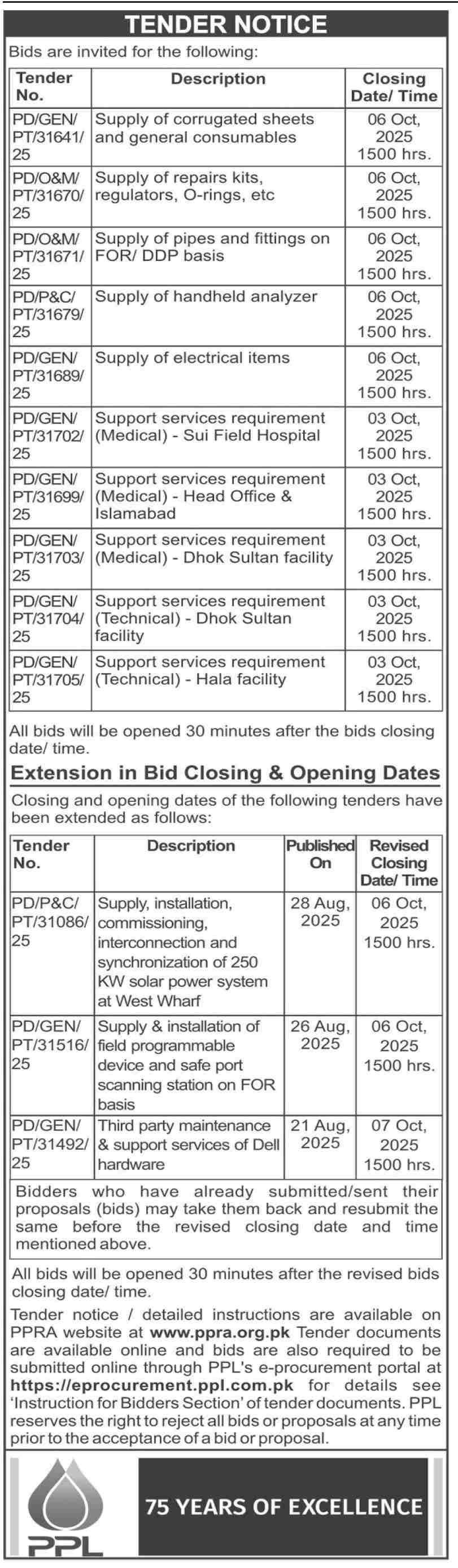 PPL Tender Notice